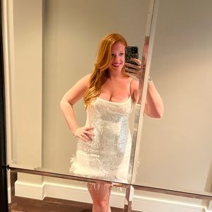 Akita white sequence and fur cocktail dress